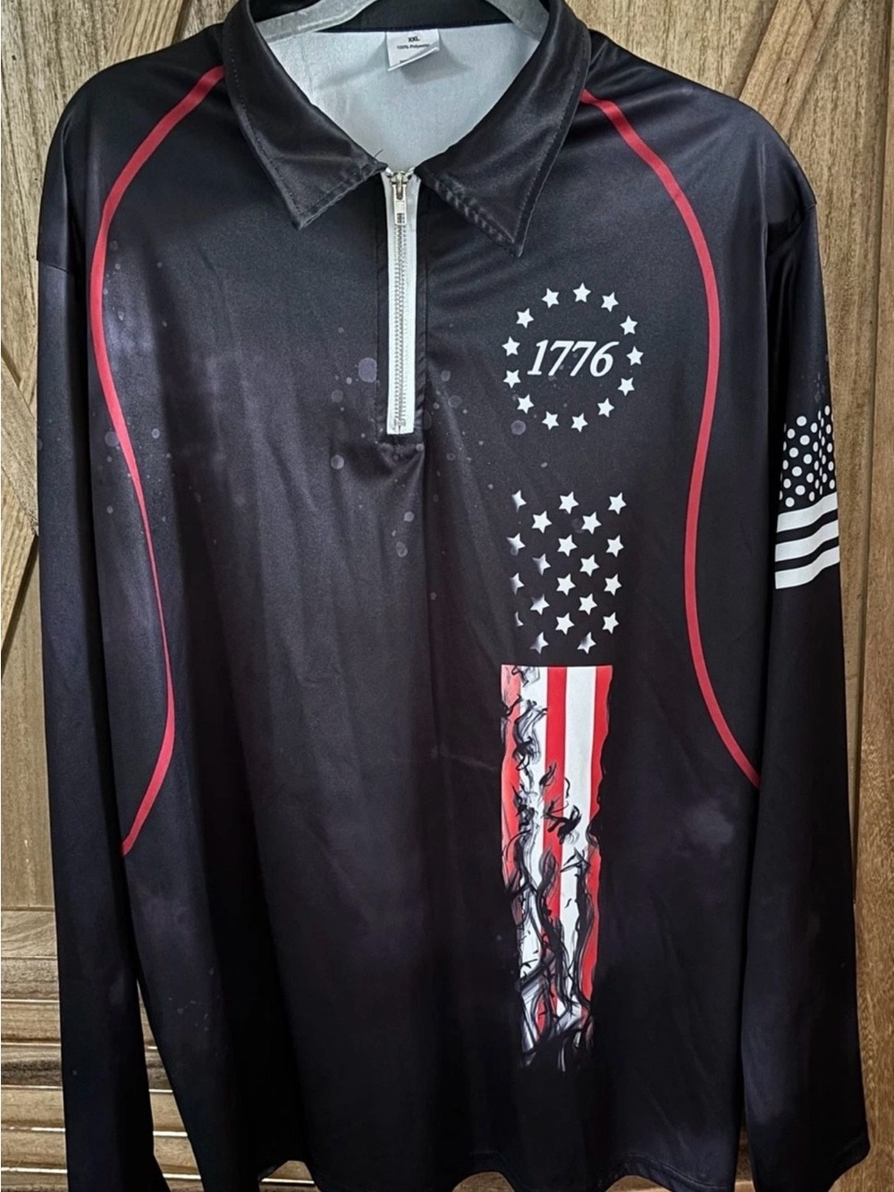 Source Unknown Black Long-Sleeve Shirt with Red Accents and 1776 Graphic